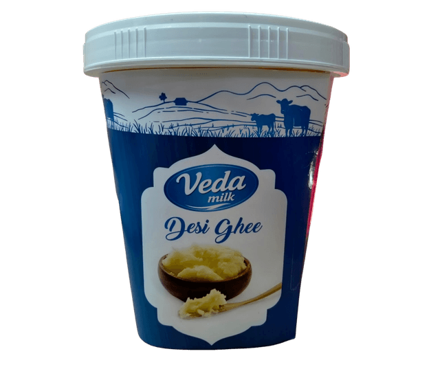 Pure desi ghee jar from Veda Milk — traditional preparation